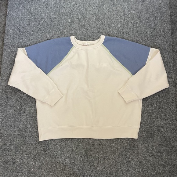 Levi's Sweatshirt Large Unisex Cream Blue Raglan Crewneck Pullover Chest Logo - Picture 2 of 7